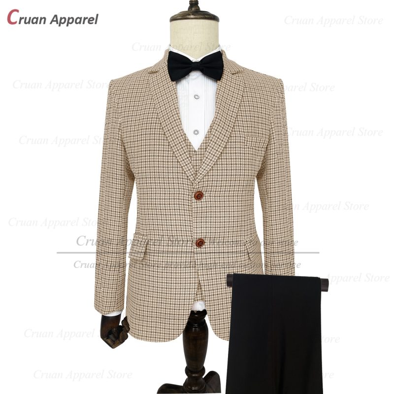 Classic Brown Suit Sets For Men Fashion Checkered Blazer Vest Pants 3 Pieces Formal Party Tailor-made Elegant Slim Fit Costumes - Image 7