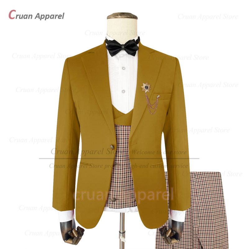 Classic Brown Suit Sets For Men Fashion Checkered Blazer Vest Pants 3 Pieces Formal Party Tailor-made Elegant Slim Fit Costumes - Image 8