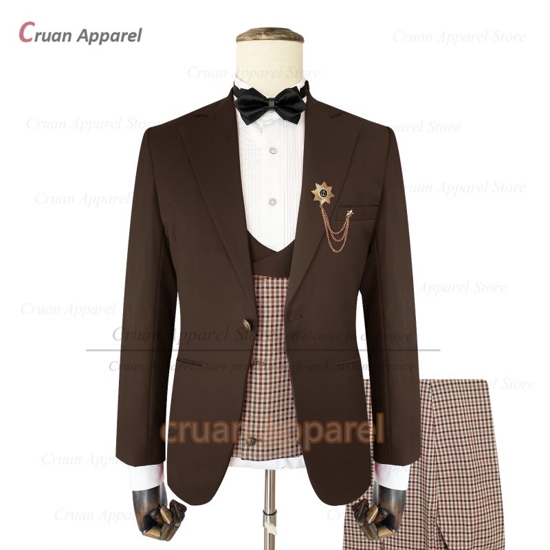 Classic Brown Suit Sets For Men Fashion Checkered Blazer Vest Pants 3 Pieces Formal Party Tailor-made Elegant Slim Fit Costumes - Image 11