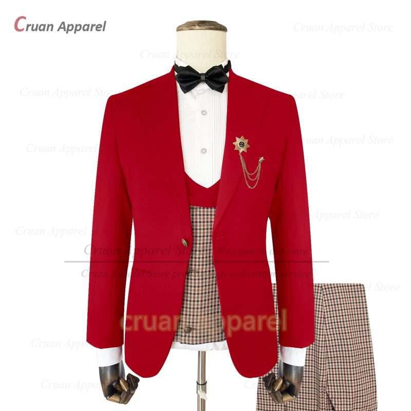 Classic Brown Suit Sets For Men Fashion Checkered Blazer Vest Pants 3 Pieces Formal Party Tailor-made Elegant Slim Fit Costumes - Image 12