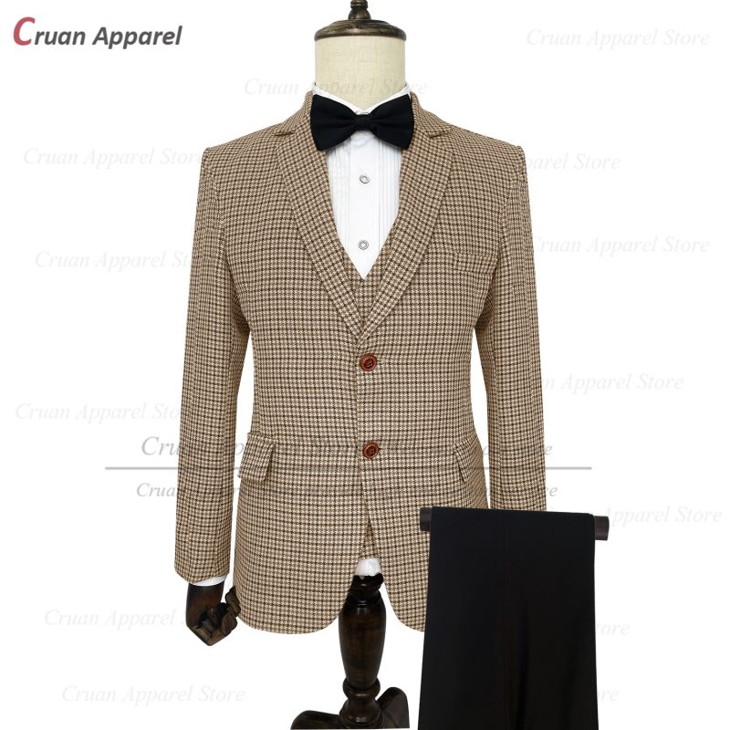 Classic Brown Suit Sets For Men Fashion Checkered Blazer Vest Pants 3 Pieces Formal Party Tailor-made Elegant Slim Fit Costumes - Image 13