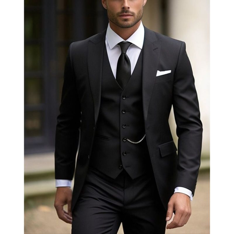Black 3 Piece Jacket Pants Vest Fashion Tuxedo Peak Lapel Single Breatsted Smart Casual Business Male Clothing Chic Men's Suits