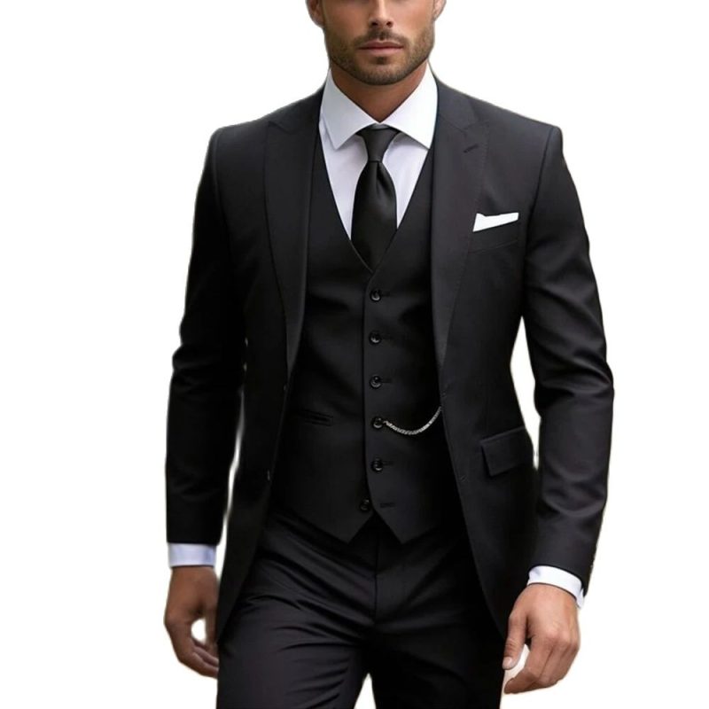 Black 3 Piece Jacket Pants Vest Fashion Tuxedo Peak Lapel Single Breatsted Smart Casual Business Male Clothing Chic Men's Suits - Image 2
